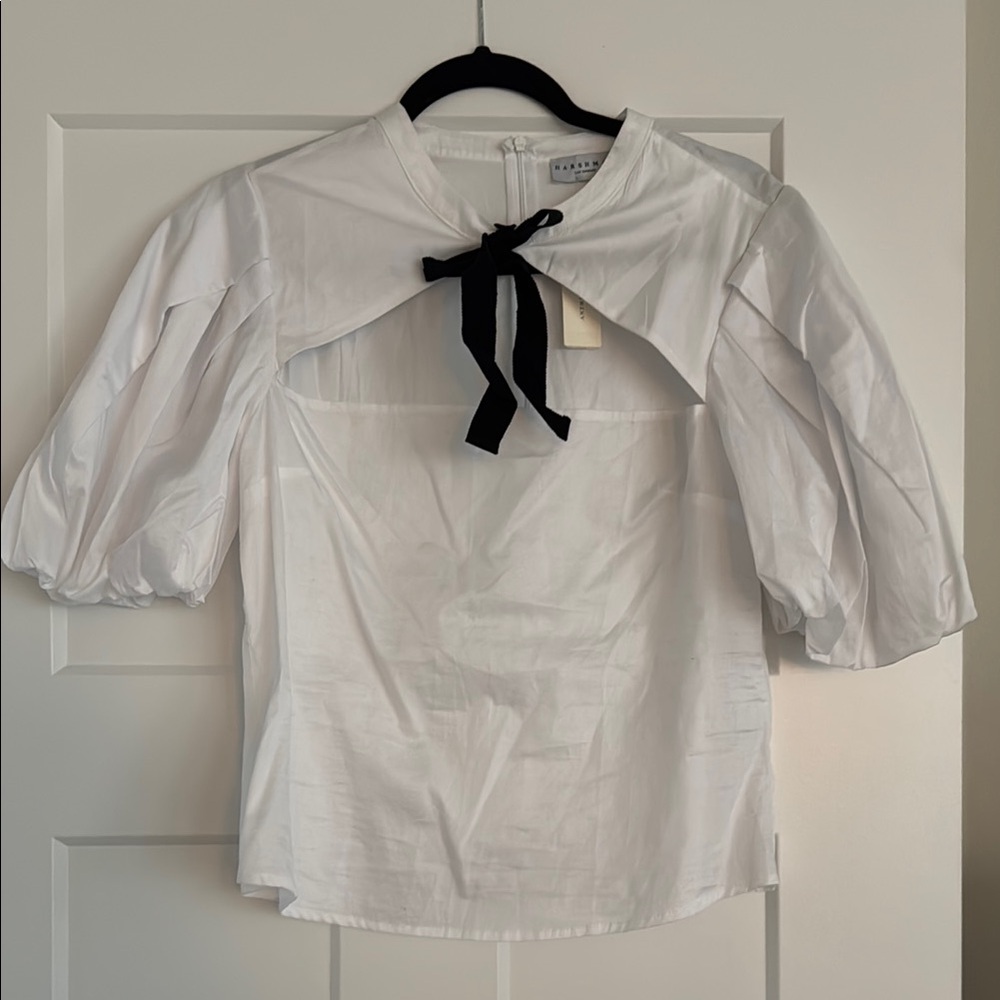 NWT Anthropologie - Classy White Cut-out Puff Sleeve Top with Black Bow -